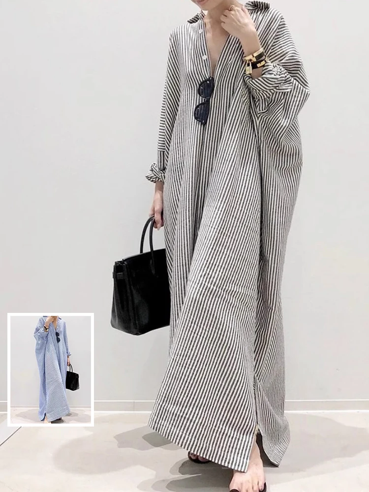 

Ранняя осень, большие размеры, женская хлопково-льняная полоска, irt Dr, повседневная длинная юбка с воротником для поездок на работу, праздничный Sle