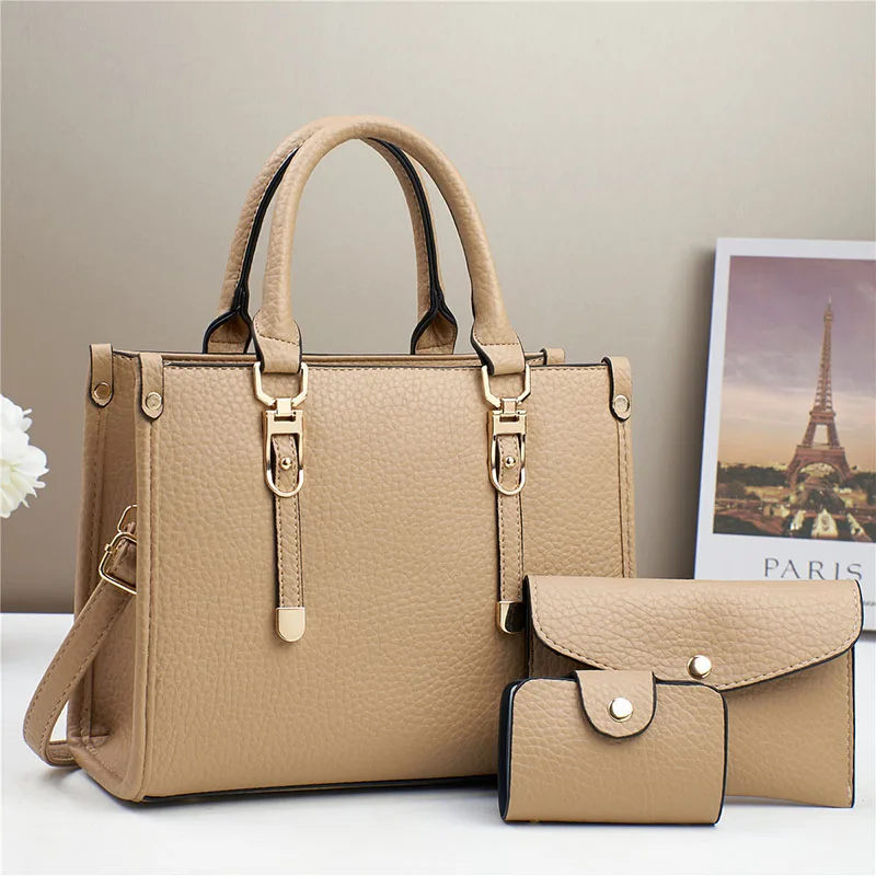 

3Pcs/set Women Tote Handbags Set Fashion Trendy Plaid PU Shoulder Bag Wallet and Card Holder for Travel Daily Beach Shopping