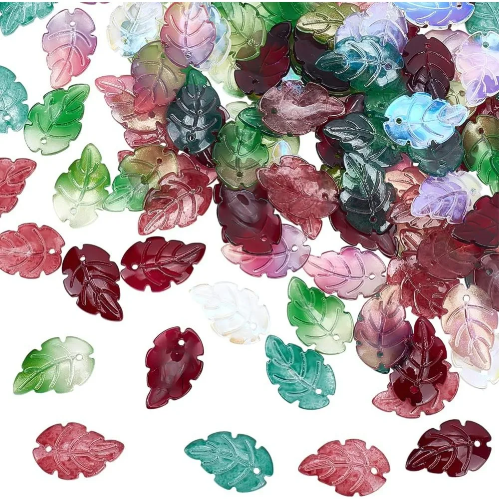 120Pcs Clear Glass Leaf Pendants Randomly Mixed Color Transparent Leaves Charms with Loop Crystal Colorful Frosted Loose Flat