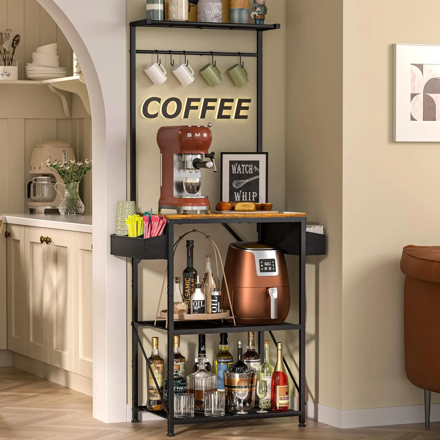 Bauernhaus Kaffee Bar Schrank 23 Zoll Breite mit Kaffee Aufbewahrung koffer, Kaffee Station Bar Side board Buffet Schrank mit 5 Haken