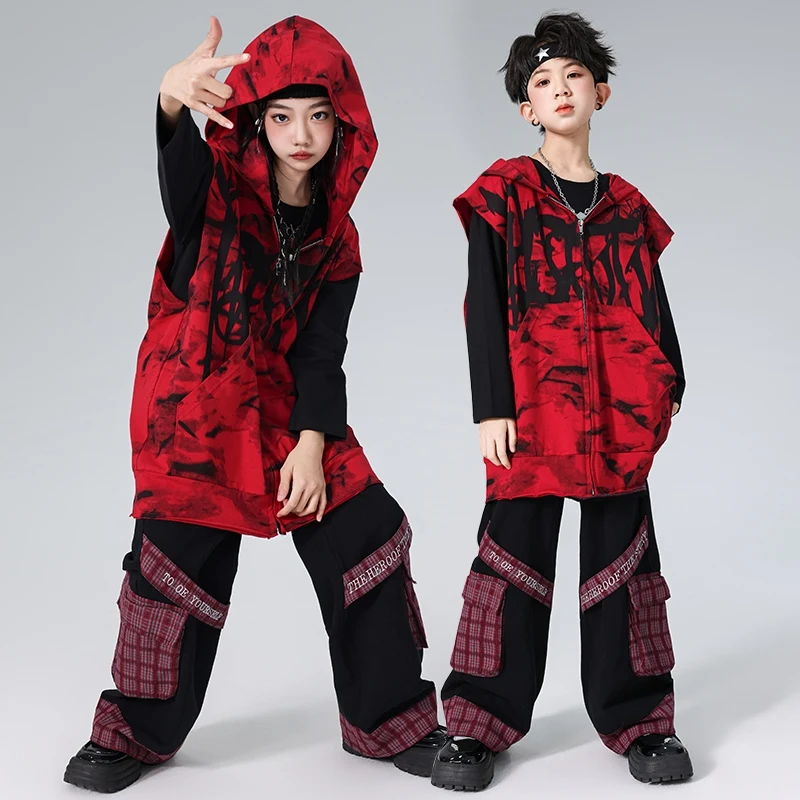 Ropa de baile de Hip Hop para niños y niñas, chaleco rojo con capucha, pantalones Cargo, traje de actuación de baile callejero, ropa de escenario de Hip Hop BL14229