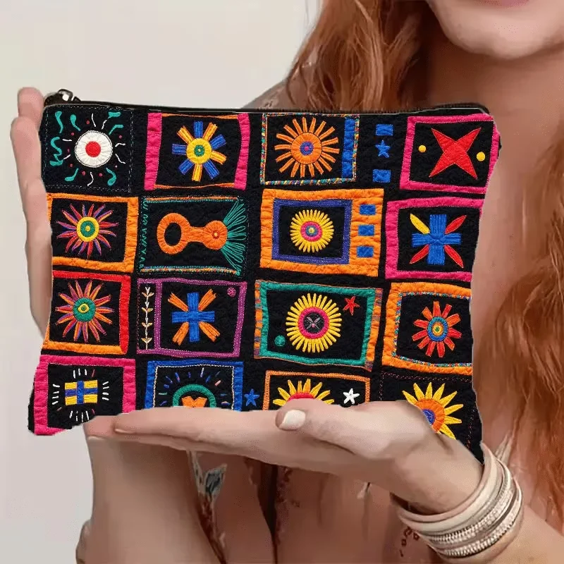 Bohemian Embroidered Bag Adorned with Folk Art Style Sun and Star Patterns Suitable for Both Men and Women Makeup Bag for Travel