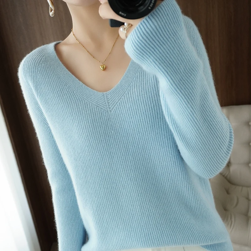 High-End Autumn Winter 100% Wool Sweater V-Neck Women\'s Female Loose Large Size Knitted Girl Clothes Solid Tops Standard Outwear