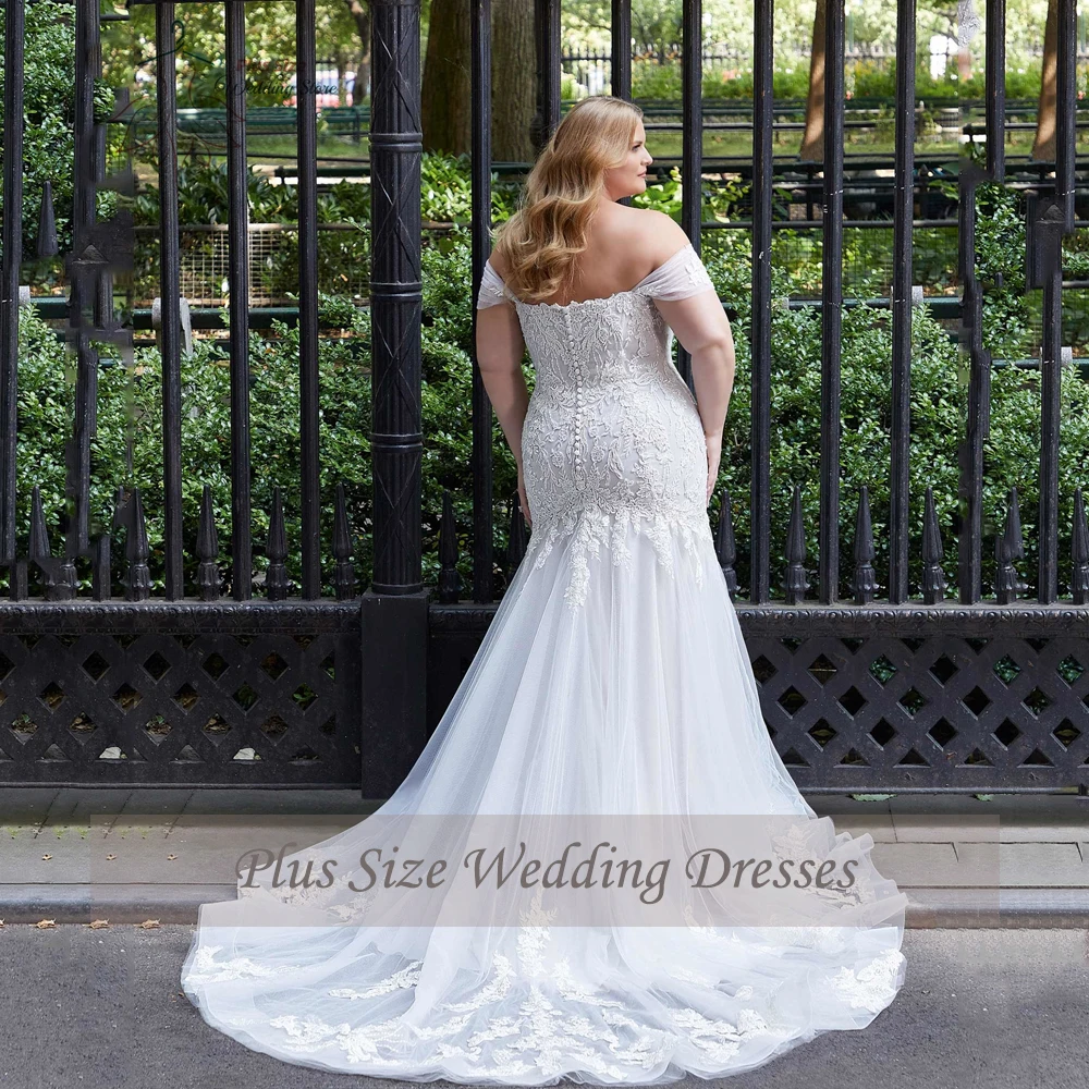 Sexy Wedding Dresses Plus Size Sweetheart Neck Long Sleeves Mermaid Bride Gowns Appliques Sweep Train Tulle Vestido De Novia