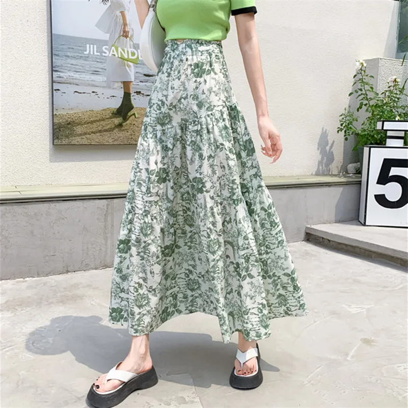 여름 코튼 A라인 스윗 프레시 그린 프린트 로터스 리프 사이드 드레스 템퍼먼트 하이 웨이스트 엘레강트 빈티지 페미닌 베스티도스