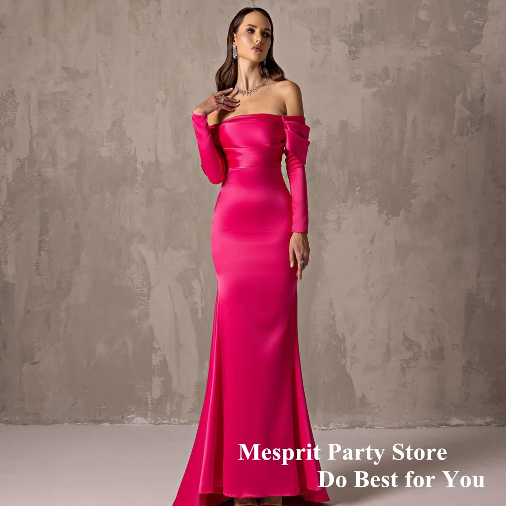 

Fuchsia Mermaid Evening Dress Robe Soiree Long Sleeves Boat Neck Pleat Sweep Train Trumpet Party Gown Formal Prom Dresses