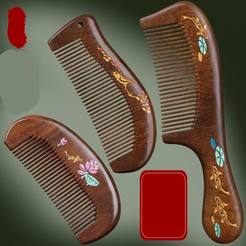 

Mini Gold Painted Wooden Hair Comb for Women, Children, Home Use, Portable Gift Box with Gold Leaf Design