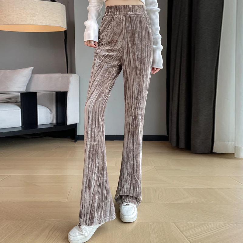 2024 Autumn Winter Fashion Velour Flare Pants For Women Chic Folds High Waist Casual Pants Ladies Streetwear Straight Trousers