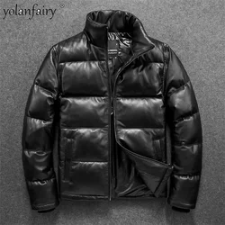Natural Leather Jacket Men Down Jakcets Thick Slim Stand Collar Casual Sheepskin Hooded Puffer Jacket Men's Winter Coat Casaco F