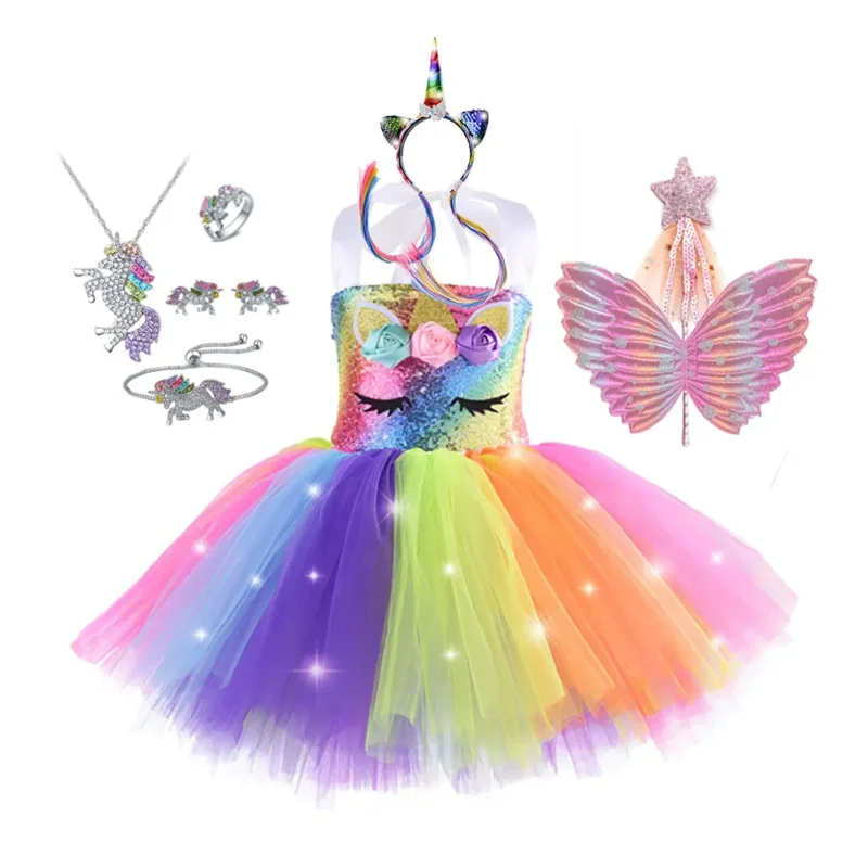 Girls Unicorn Dresses Christmas Kids LED Lights Sequin Pastel Rainbow Birthday Party Tutu Dresses Shiny Princess Cosplay Costume