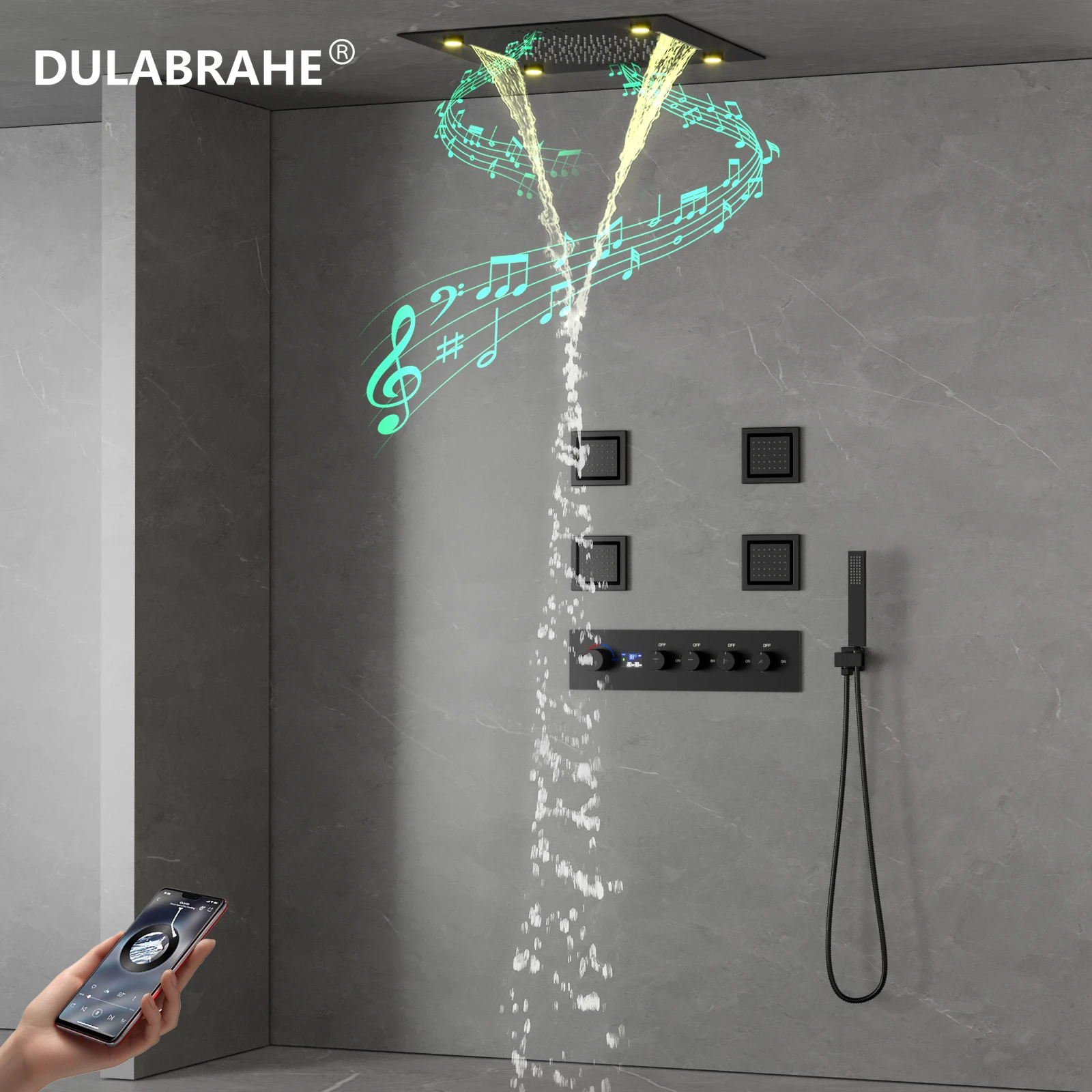 Music LED Shower Ceiling Recessed Shower Water Column Waterfall Shower Head Temperature Display Shower Set System