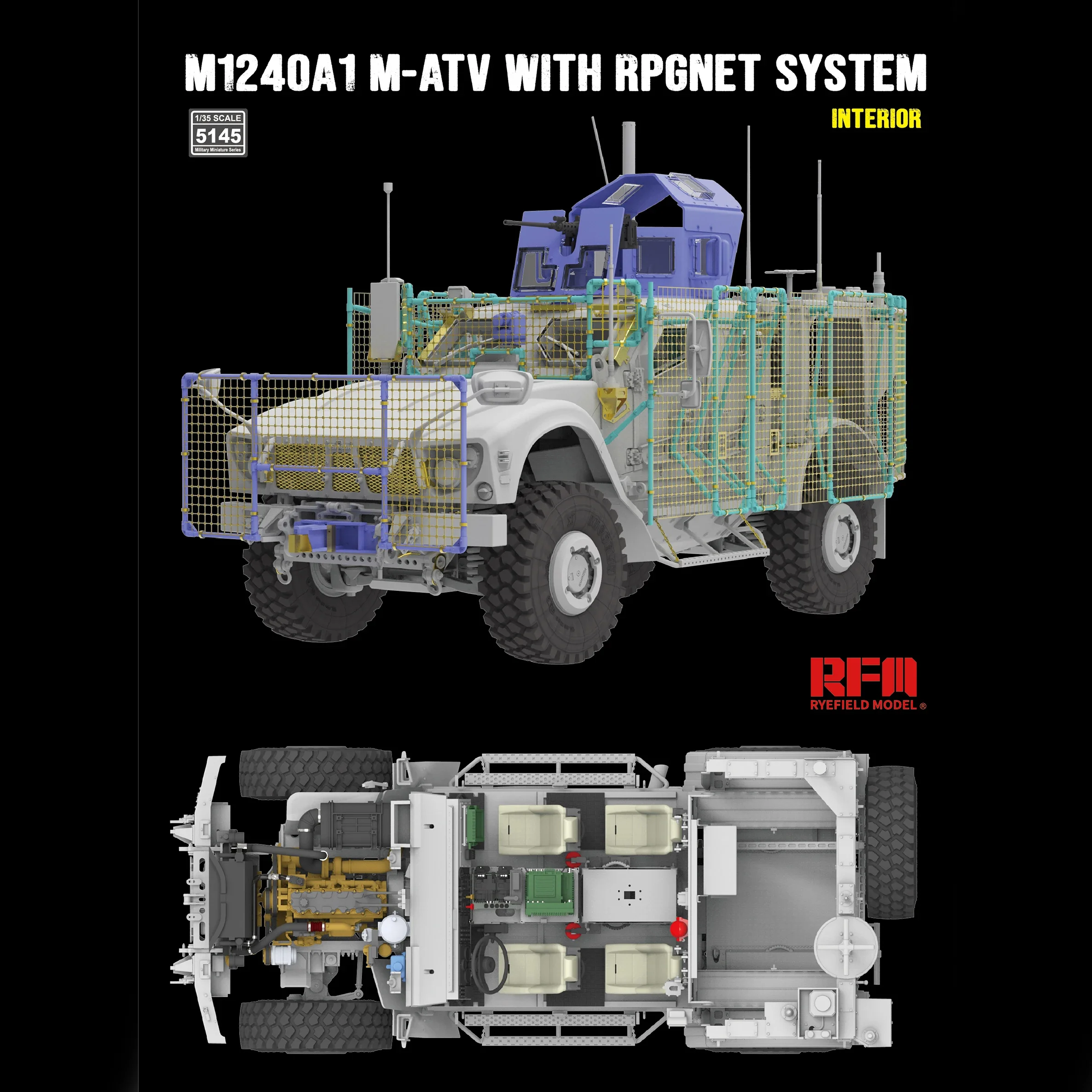 مجموعة نماذج تجميع رايفيلد RM-5145 MRAP مركبة لجميع التضاريس M1240A1 M-ATV مع نظام RPGNET (مع داخلي) هدية 1/35 ذاتية الصنع