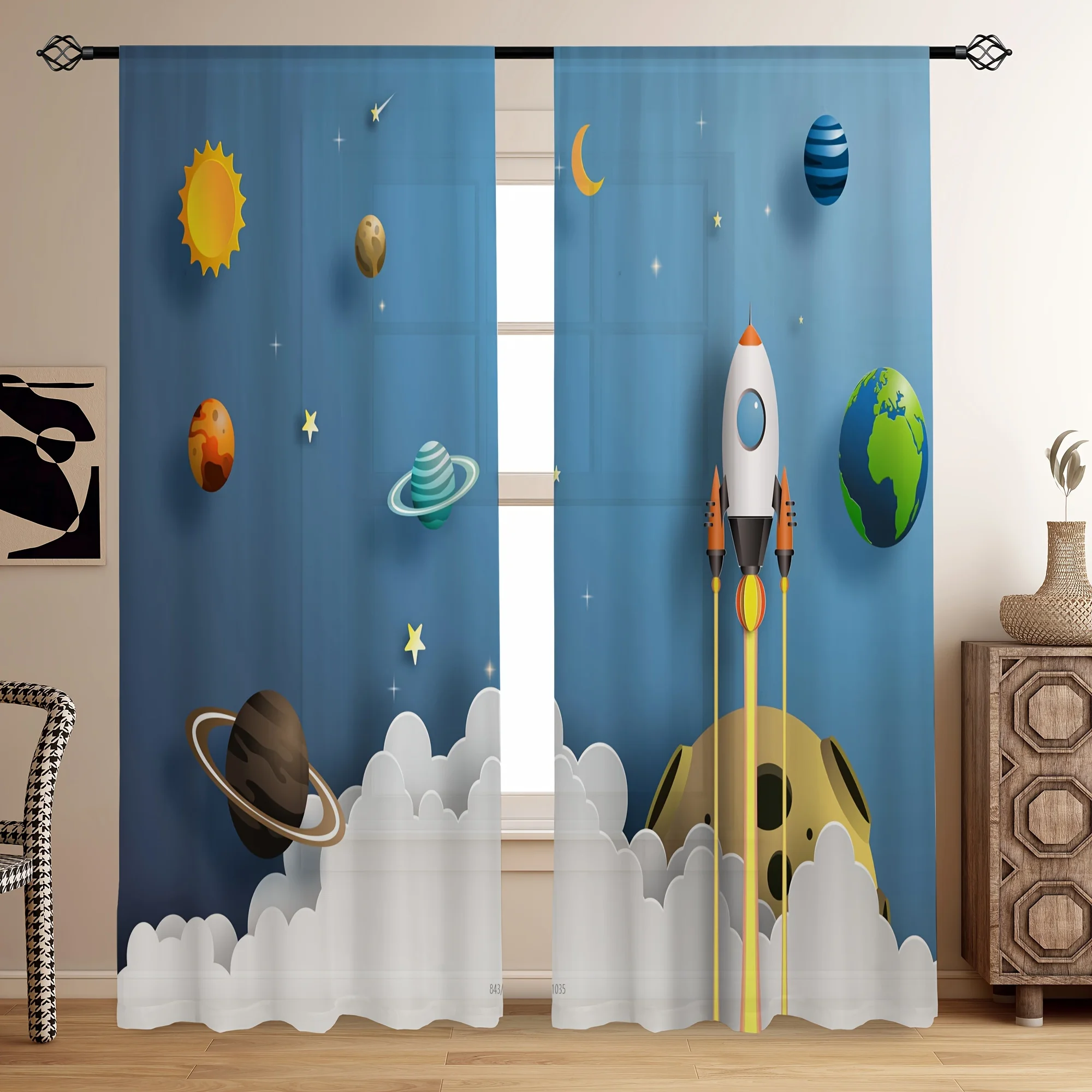Cartoon Space Rocket Curtains, Solar System Planet Print Blackout Drapes, Kids Room Decor for Boys Bedroom Window Treatment