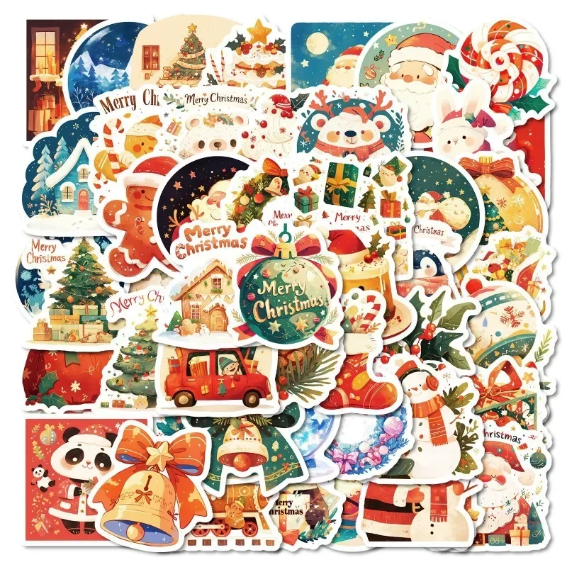 50pcs/pack Christmas Stickers Waterproof Christmas Party Decoration Sticker Water Bottle Suitcase Notebook DIY Stickers for Kids