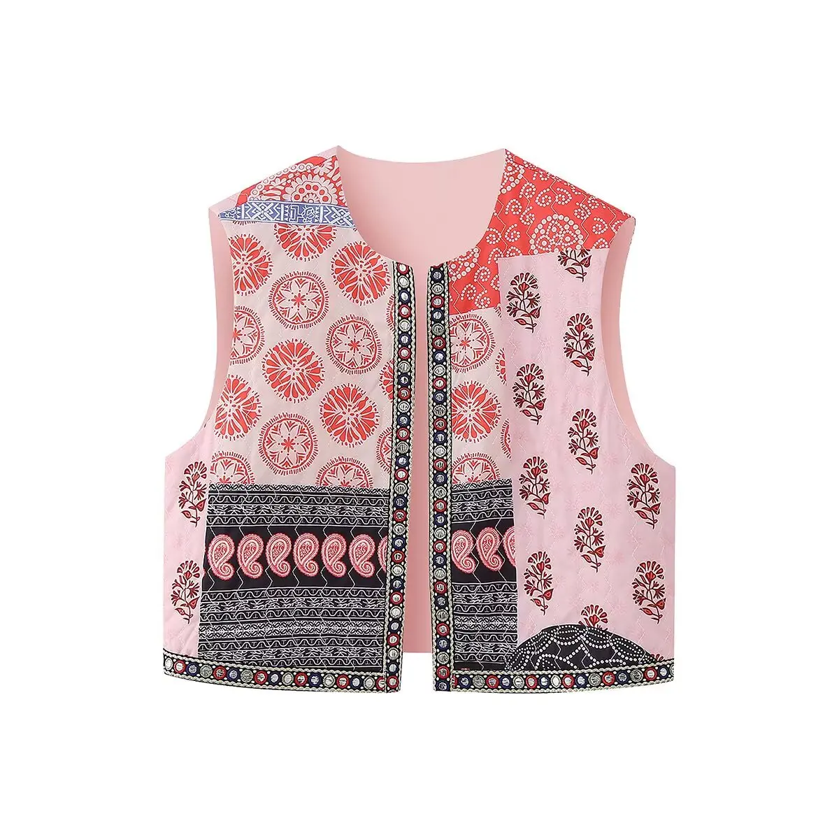 Ethnic Style Patchwork Floral Print Women' Sleeveless Vest Autumn Open Front Cropped Waistcoat Casual Loose American Style Top