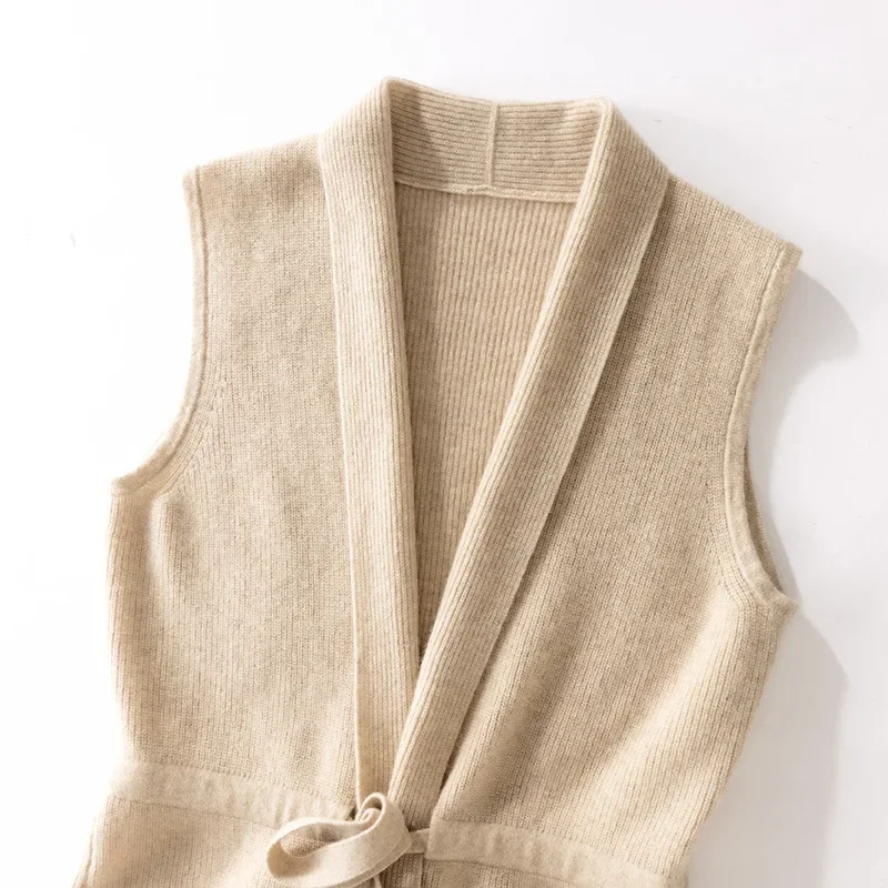 Hot Selling Cashmere Vest Women's V-neck Solid Color Sleeveless Knitted Cardigan Women's Sweater Loose 100% Pure Wool E3444