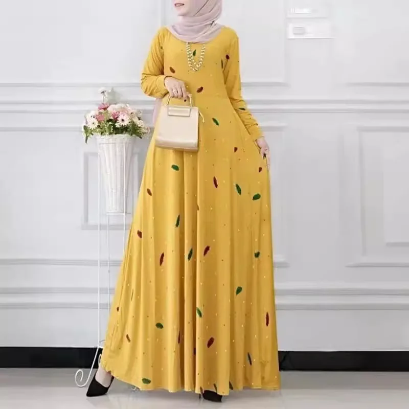 Muslim Leaf Pattern Long Sleeve Dress for Women Casual Bohemian Polka Dot Print Holiday Muslim Dress Full Length Abayas Dubai