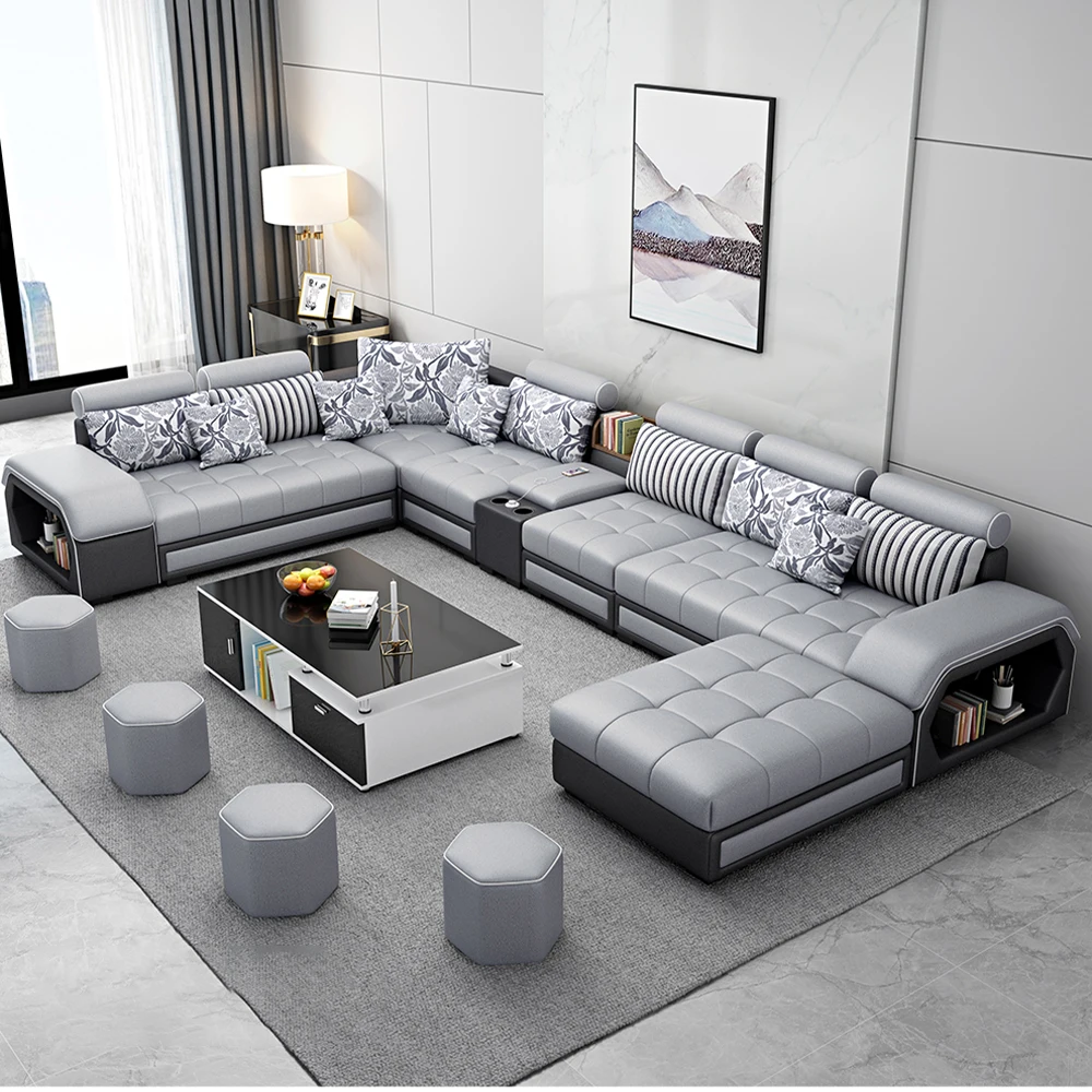 Anpassbare Stoffsofa-Set, Möbel, Wohnzimmer-Sofagarnitur mit USB und Hockern / große U-Form