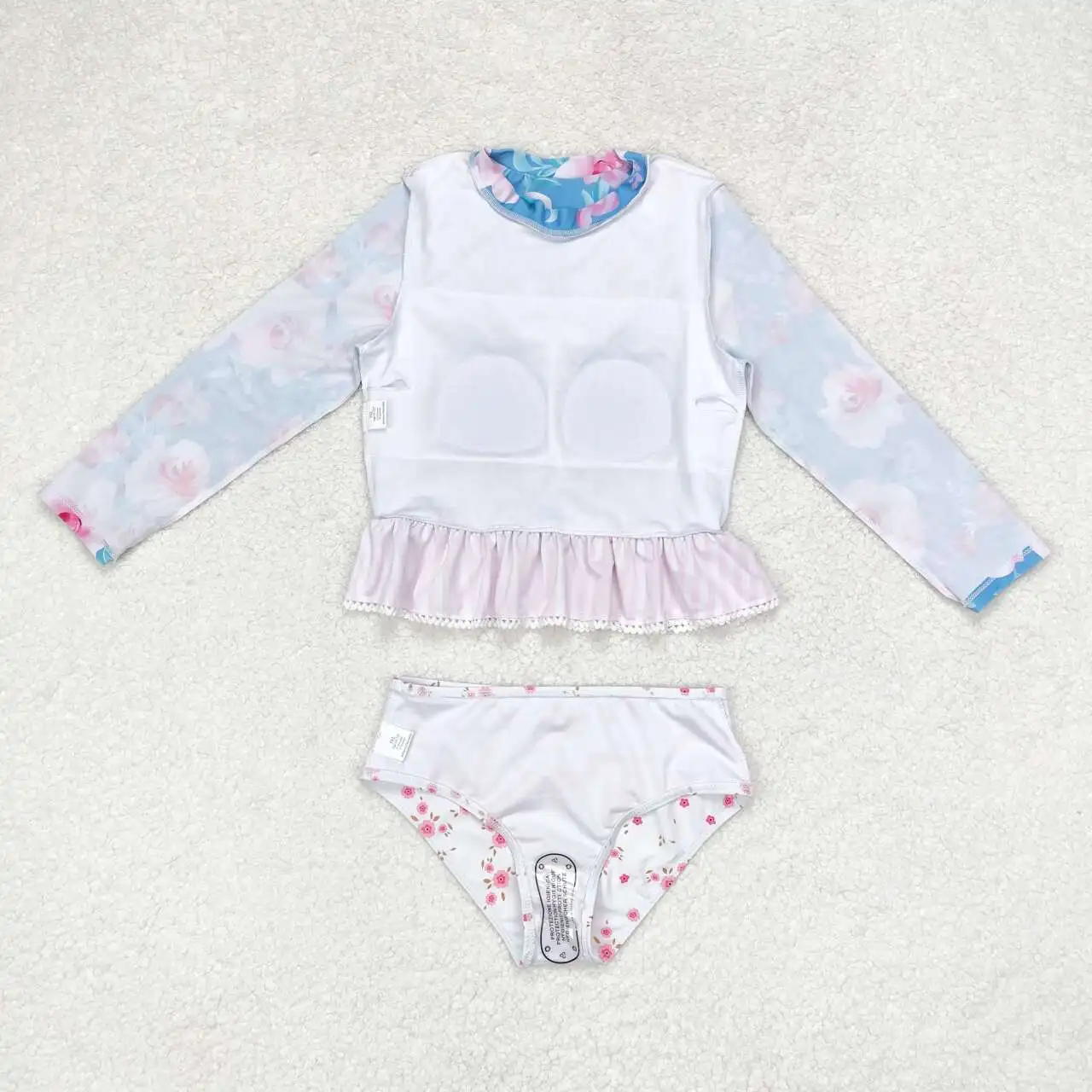 New Fashion Floral  Blue White Long Swimsuit Set Wholesale Boutique Children Beach Clothes