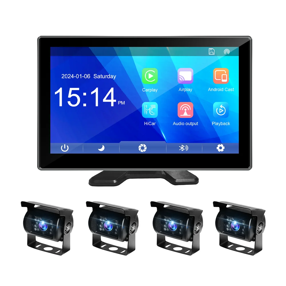 10.1 Inch 4CH Quad Split Monitor Carplay 1080P Camera Truck DVR Recording System For Truck Bus RV