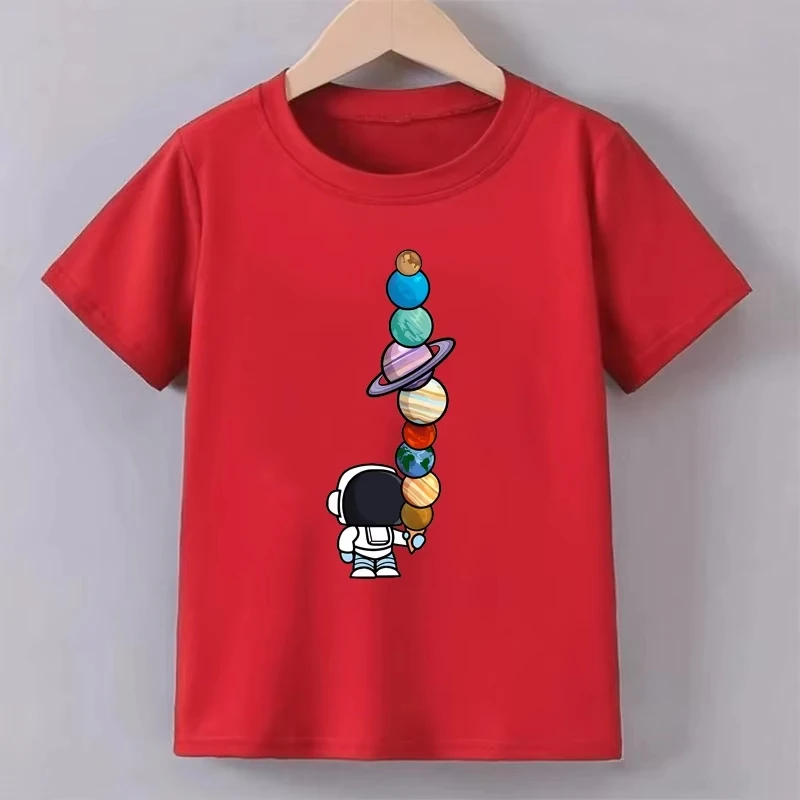 Teenage Astronaut Planet Print T-shirt Summer Boys Funny O-Neck Short Sleeve Casual Kids Unisex Cotton Streetwear Tops