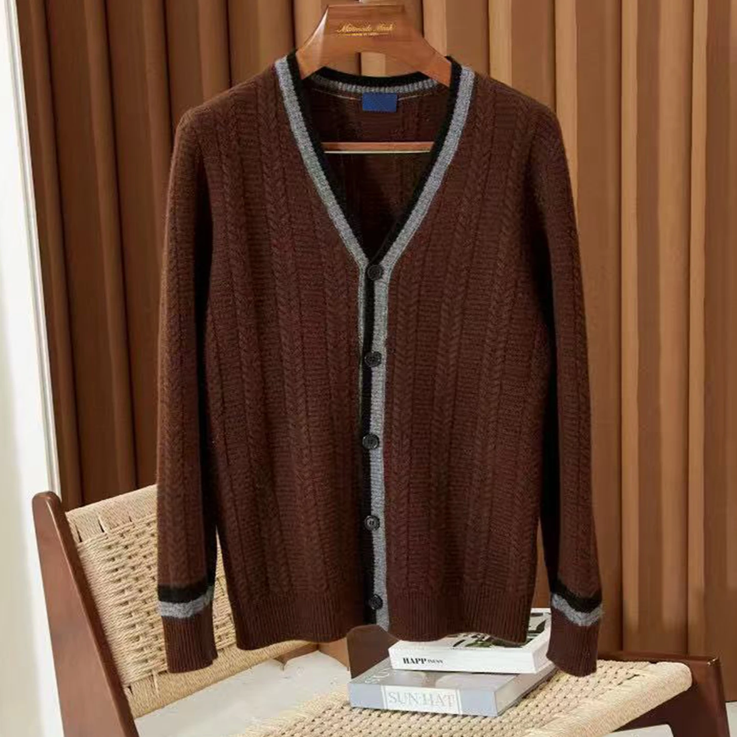 

Итальянский кашемировый свитер в стиле ретро LP 25aw контрастного цвета, мужской вязаный кардиган