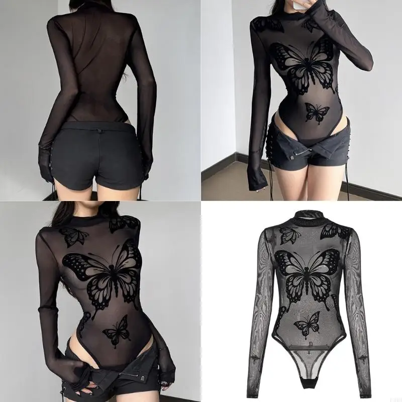 

Сетчатая ткань с длинным рукавом и принтом бабочки, облегающий боди, праздничная одежда для женщин F3MD