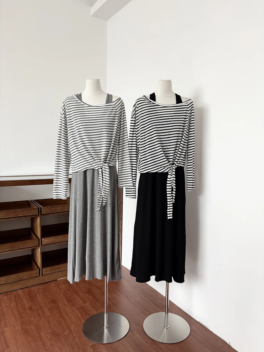 

2026 Summer New Korean Style Slimming Waist Dress Inner Strap Dress Stripe Shoulder Cover Sun Protection Long Sleeve round Neck