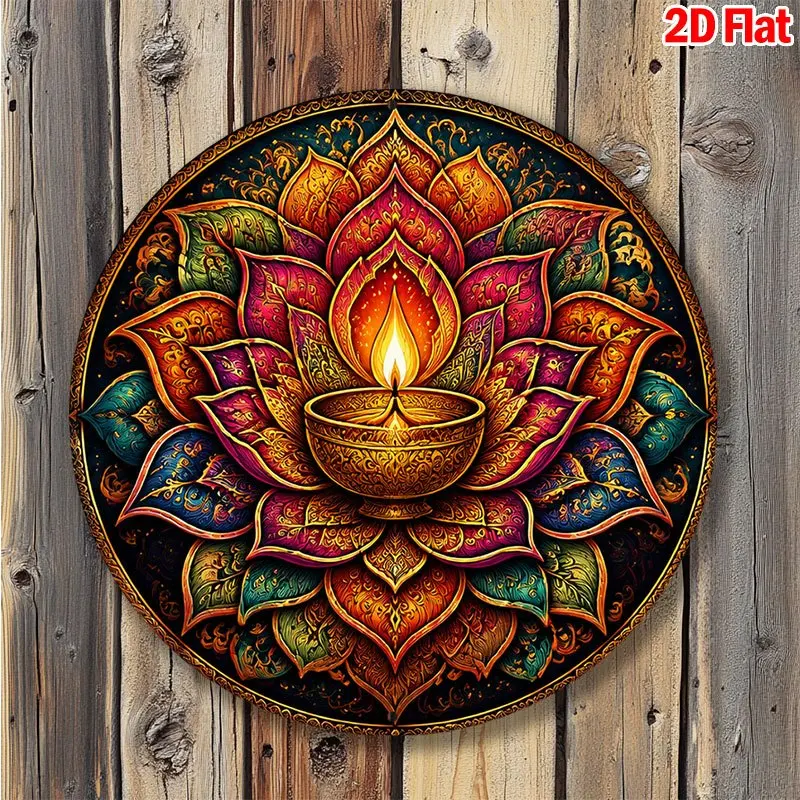 CIFBUY Retro Happy Diwali Lotus Oil Lamp Boho Aluminum Wall Art Waterproof Wearproof Home Yoga Yard Room Decor Gift
