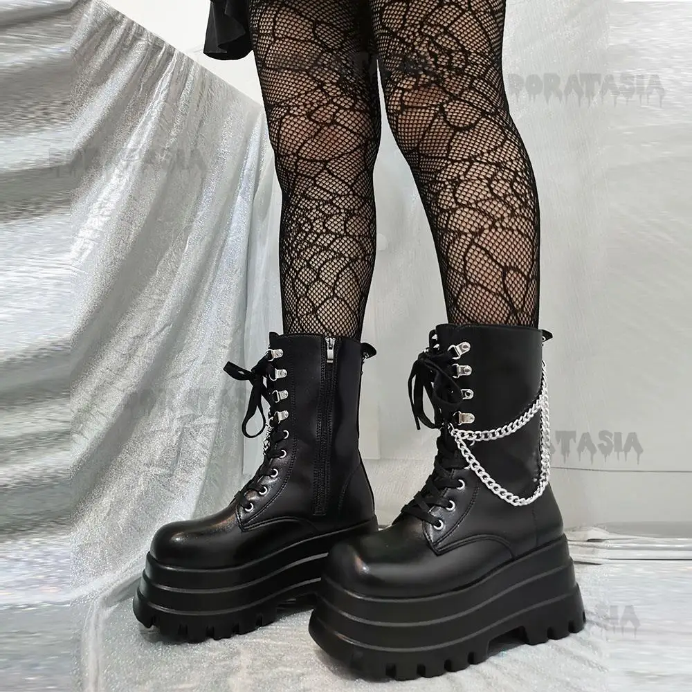 Punk Cool Girl Retro Women Boots High Heeled Thick Bottom Chain Goth Ankle Boots Casual Comfy Vintage Winter Shoes For Woman