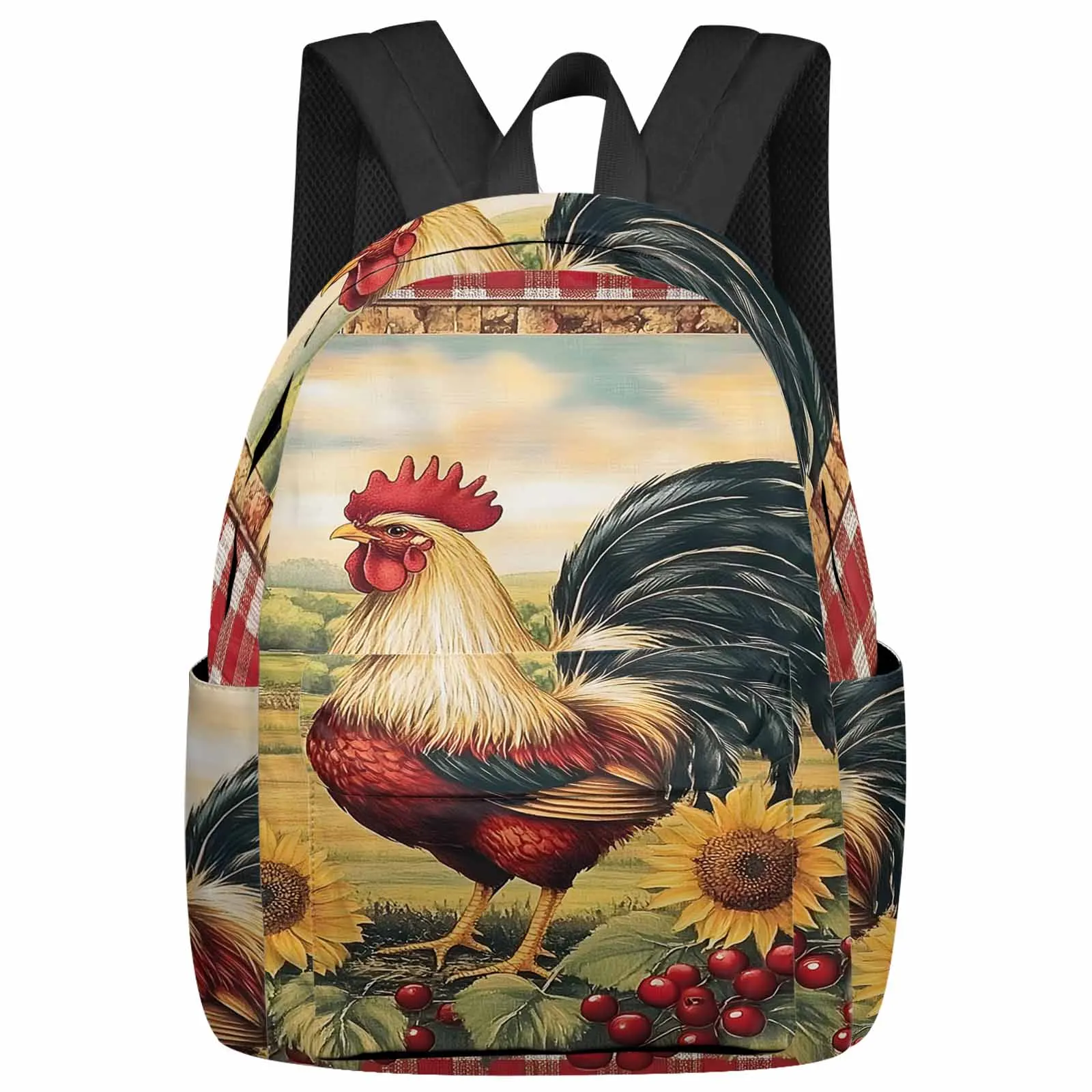 

Vintage Farm Rooster Plaid Backpack School Bags for Teenagers Students Laptop Bag Women's Casual Travel Backpack