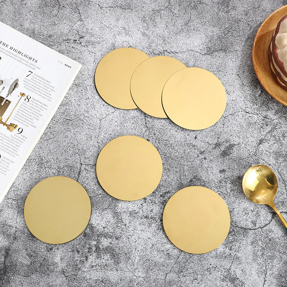 6Pcs Gold Metal Coasters Round Mirror Finish Elegant Tabletop Protection Coasters for Mugs Tea Cups Beverage Bar Desk Countertop