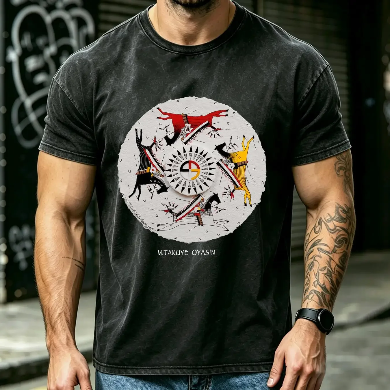 washed T Shirt Vintage Mitakuye Oyasin We are All Related Native 2XL Lakota Culture Drawings long or short sleeves vintage
