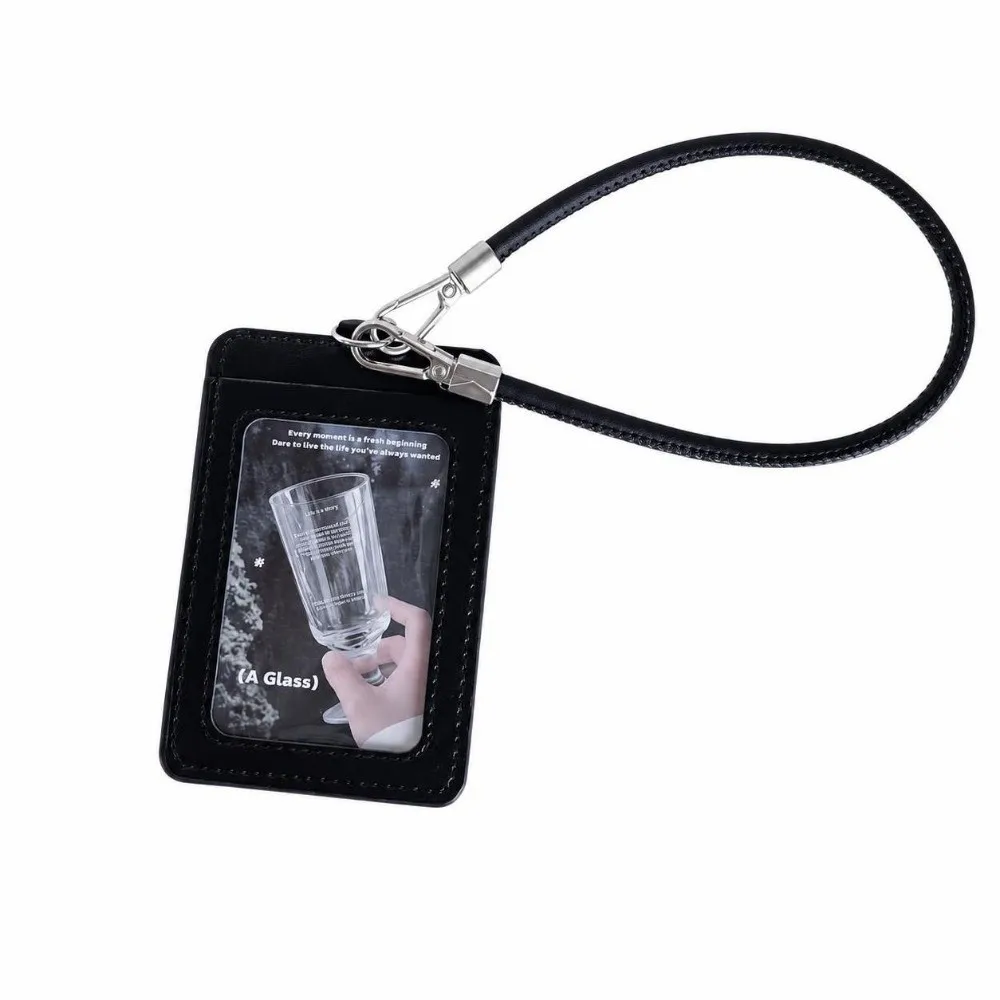 Portable PU Leather Card Holder Dual-Slot With Hand Wrist Strap ID Card Cover Bus Meal Card Holder Access Control Card