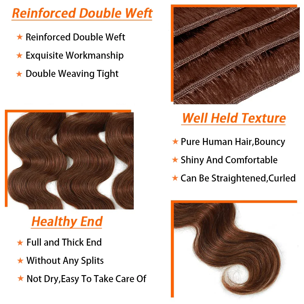 Pacotes de cabelo humano castanho chocolate para mulheres, Body Weave, brasileiro, 100% real, extensões de cabelo, 26 em, 28 em, cor #4