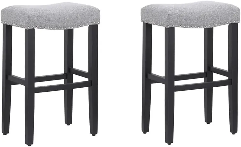 

29"" Upholstered Counter Height Bar Stools Set Of 2, Backl Kitchen Island Stools With Linen Cushion, Wooden Bar Stool Stool For