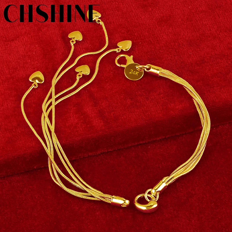 

CHSHINE 925 Sterling Silver Plated 18K Gold Five Snake Chain Solid Heart Bracelet For Women Wedding Party Fashion Charm Jewelry