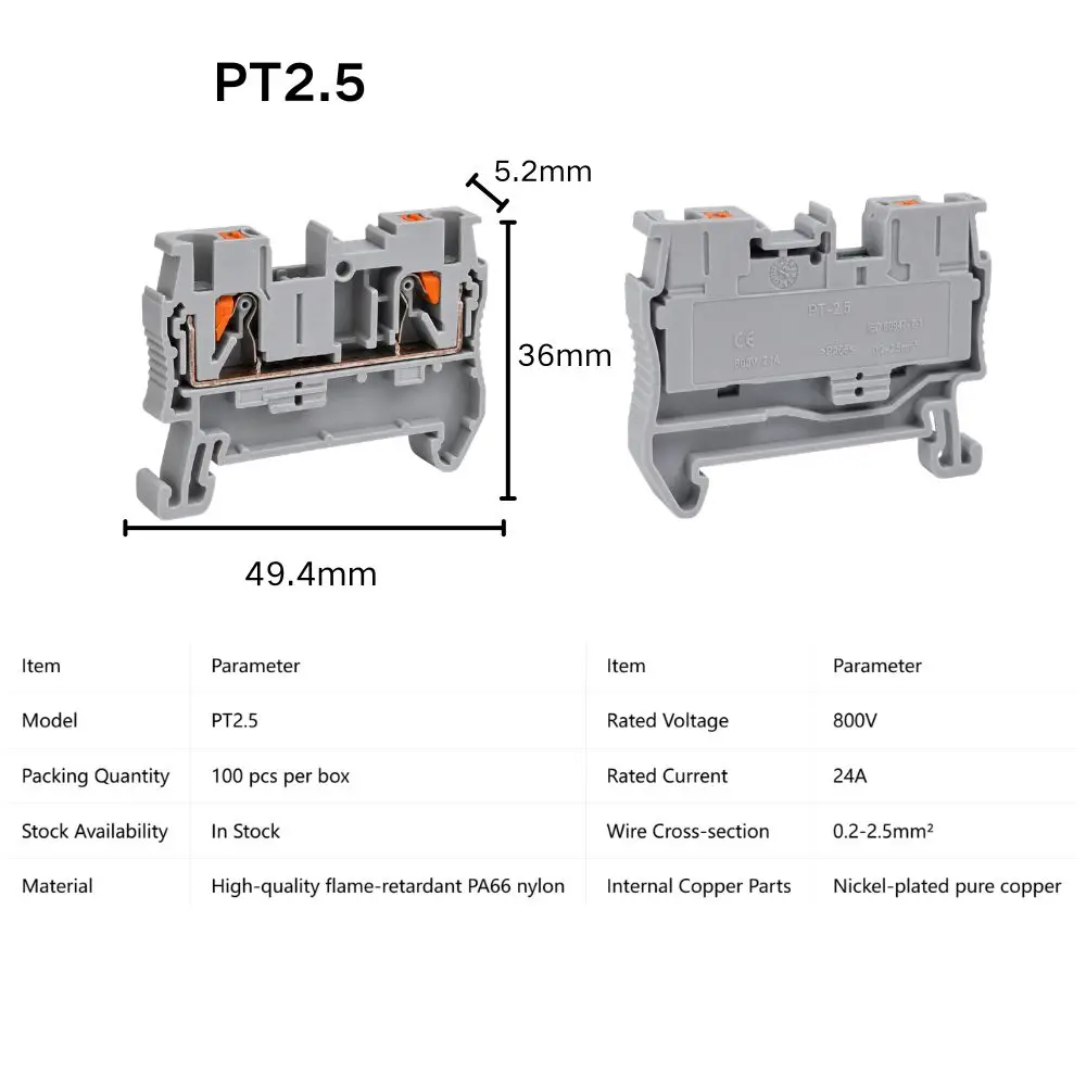 10PCS PT2.5 DIN Rail Spring Terminal Block PT2.5-PE Terminal End Cover D-PT2.5 Jumper Bar FBS10-5 Tool-free Wiring