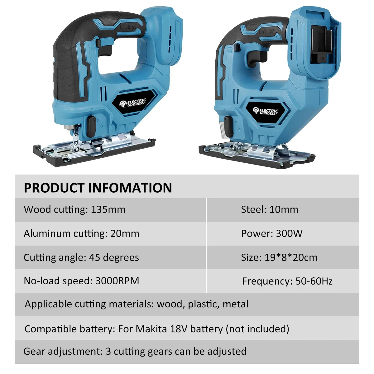 Electric Goddess Cordless Electric Jig Saw Portable Jigsaw Multi-Function Woodworking Tools suitable For Makita 18V Battery