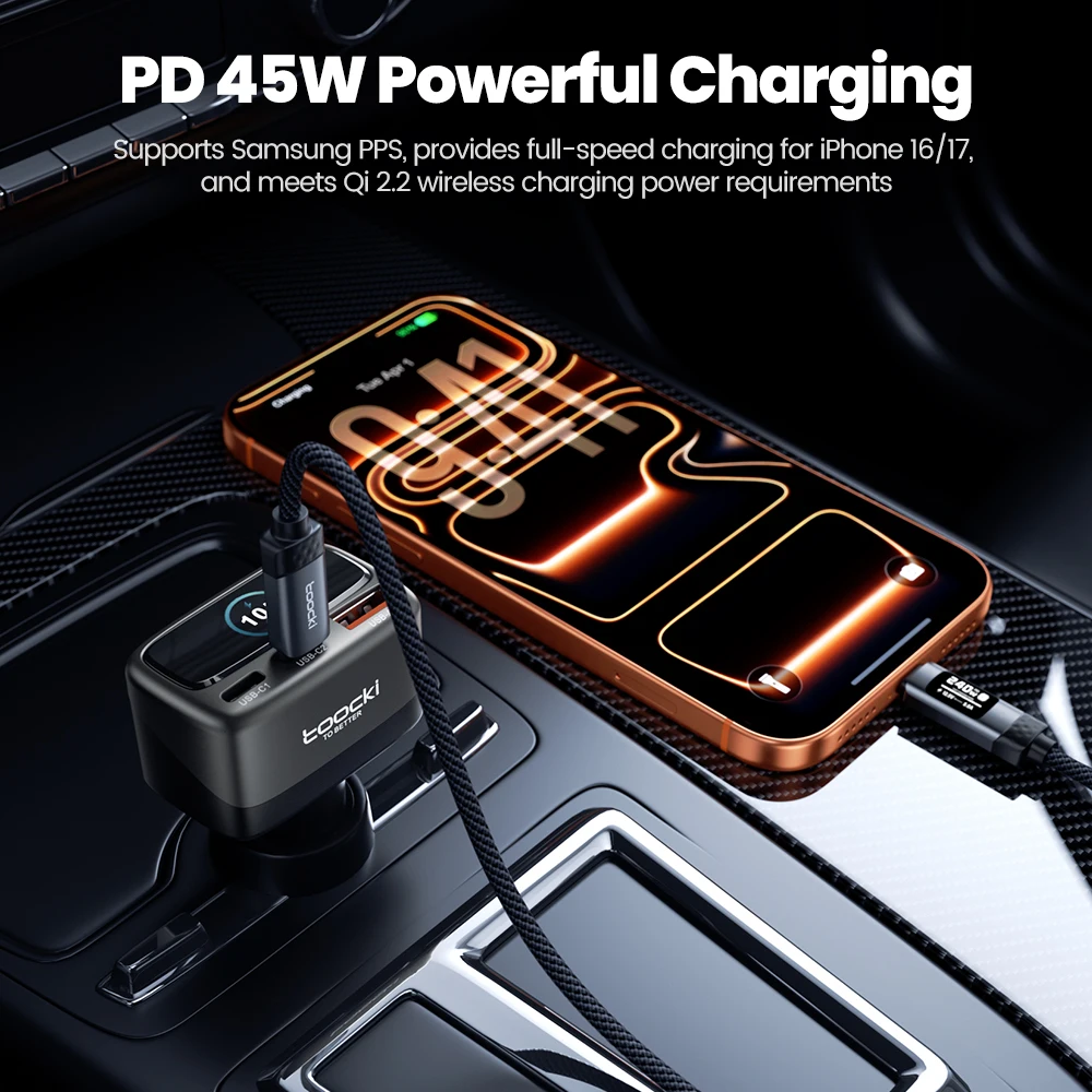 Toocki 105W TFT Display Car USB Charger PPS PD 45W 30W Fast Charge 3-in-1 Type C Phone Charger For iPhone 18 17 Samsung S23 S24