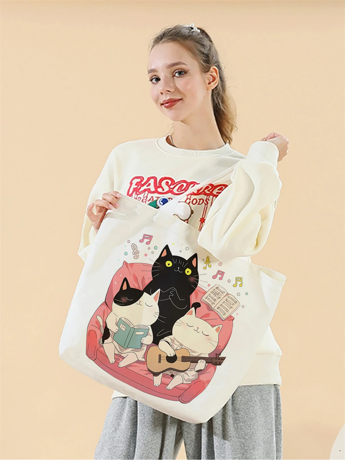 

1 шт., сумка Music World Cat, многоразовая модная сумка, многофункциональная сумка, холщовая сумка для покупок с принтом