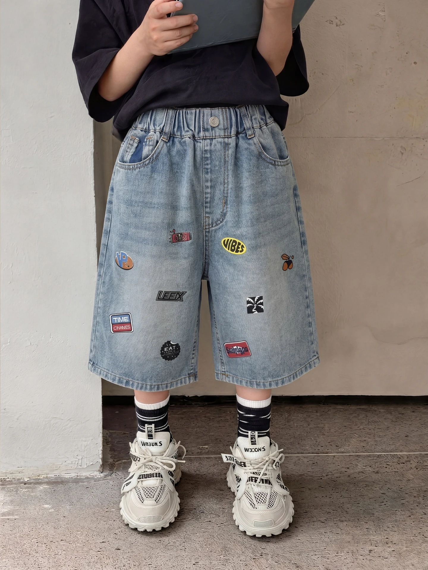 shorts-en-jean-brodes-pour-garcons-5-pieces-coupe-droite-decontractee-en-melange-coton-polyester-polyvalents-pour-l'ete