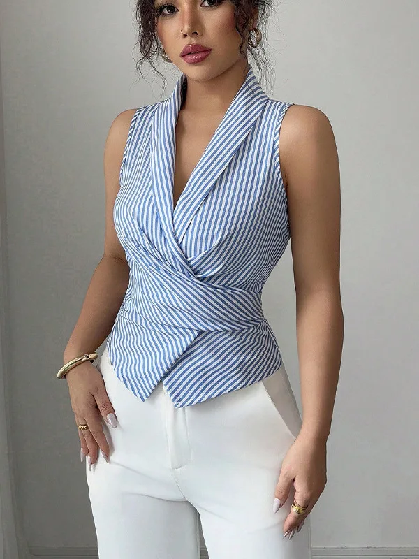 

Женский приталенный топ в полоску с воротником-стойкой, подчеркивающий талию, для повседневной носки, летняя коллекция, полиэстер