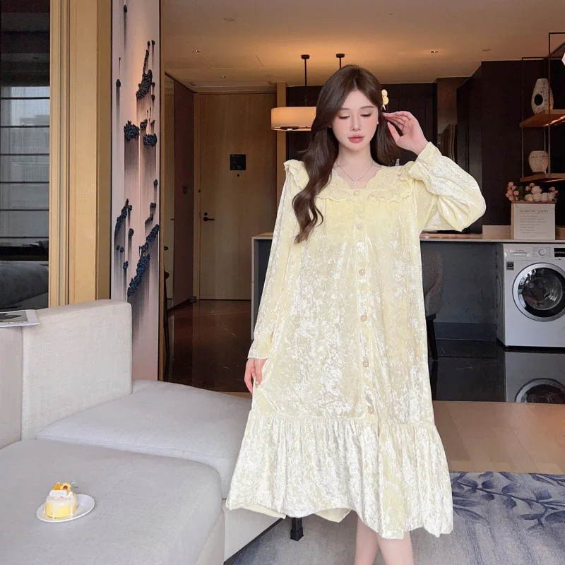 New Autumn Winter Sleeping Night Dress Women Long Sleeve Nightdress Gold Velvet Sleepwear Lady Nightgowns Loose Warm Nightwear