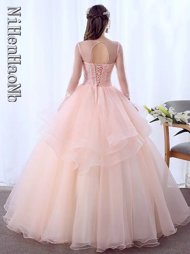 Pink Quinceanera Dresses With Long Sleeves Princess Prom Gowns Tulle Appliques Ball Gown Sweet 15 16 Dresses