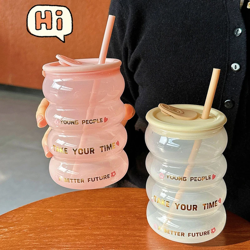 

Cute Glass Cup With Silicone Lid And Straw Tumbler For Coffee Water Milk Tea Juice Kawaii Korean Glass Bottle Girl Gift 520ml