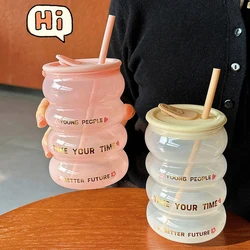 Cute Glass Cup With Silicone Lid And Straw Tumbler For Coffee Water Milk Tea Juice Kawaii Korean Glass Bottle Girl Gift 520ml