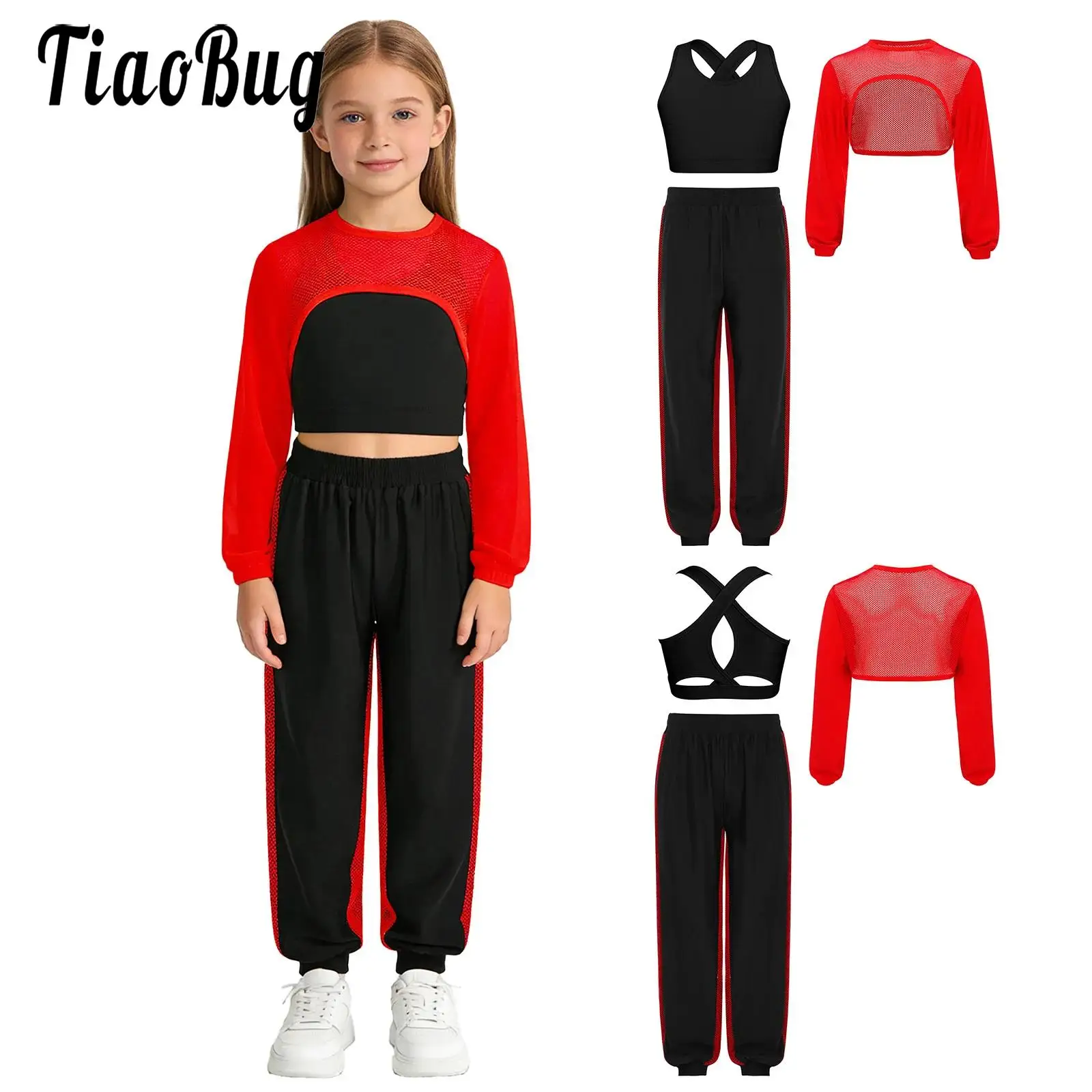

Kids Girls Hip-Hop Street Dance Stage Costume Set Modern Cheerleader Outfit Long Sleeve Sheer Mesh Crop Top with Vest and Pants