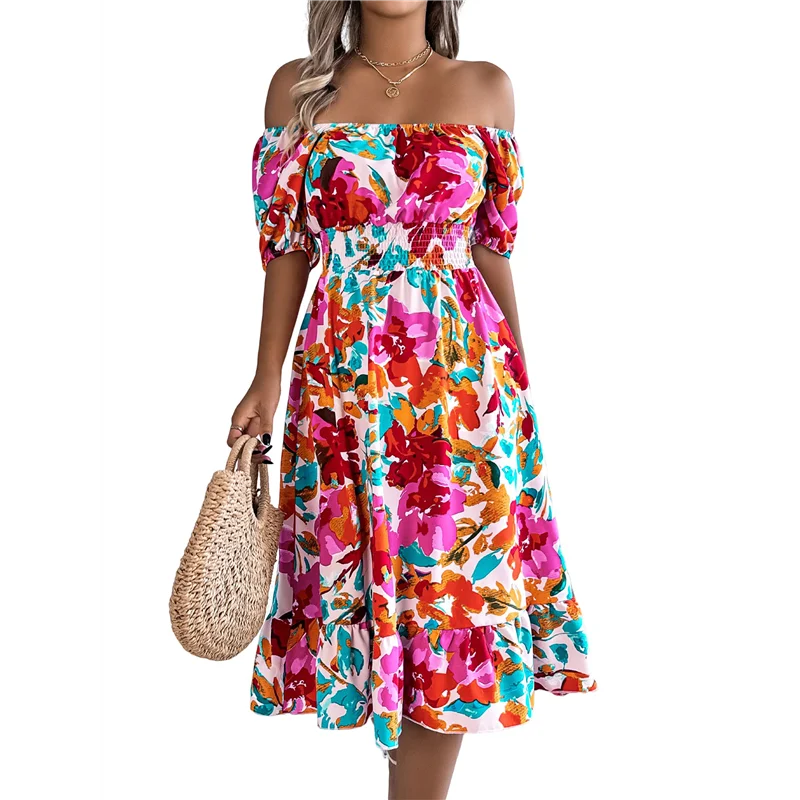 ผู้หญิงฤดูร้อนชุดลําลอง 2025 ฤดูใบไม้ผลิพัฟแขนสแควร์คอ A-Line Flowy Boho ดอกไม้ Smocked MIDI ชุด