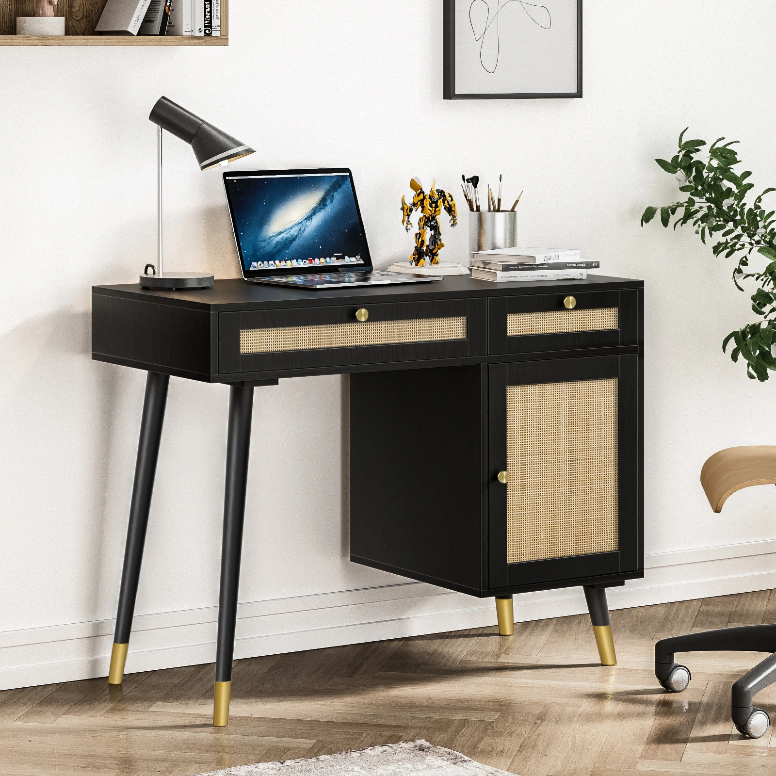 Aupodin D0005 Rattan Vanity Desk with Drawers and Storage, Black Makeup Vanity Table Modern Home Office Desk Computer Desk